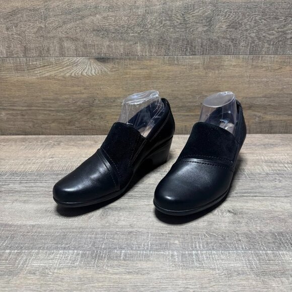 Clarks Emily Step Heel Black Leather/Suede Loafer Women's Size 9.5 - Picture 1 of 7